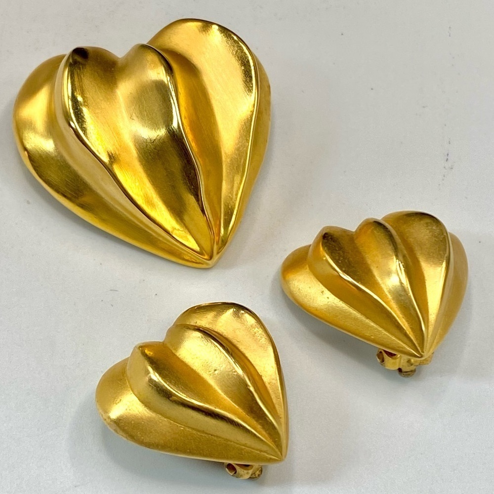 Vintage Givenchy Matte Gold Plated Folded Heart Brooch and Clip On Earrings -Set